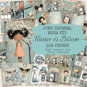 Peut inclure: Un méga kit de journal intime intitulé "Flutter & Bloom" avec 128 pièces, comprenant des pages, des éphéméras, des étiquettes, un folio et des découpes minutieuses. L'image présente des illustrations d'enfants, d'animaux et d'éléments floraux aux couleurs pastel douces.
