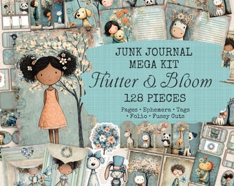 May include: A junk journal mega kit titled "Flutter & Bloom" with 128 pieces, including pages, ephemera, tags, folio, and fussy cuts. The image features illustrations of children, animals, and floral elements in soft pastel colors. The Everland Vintage Press logo is at the bottom.