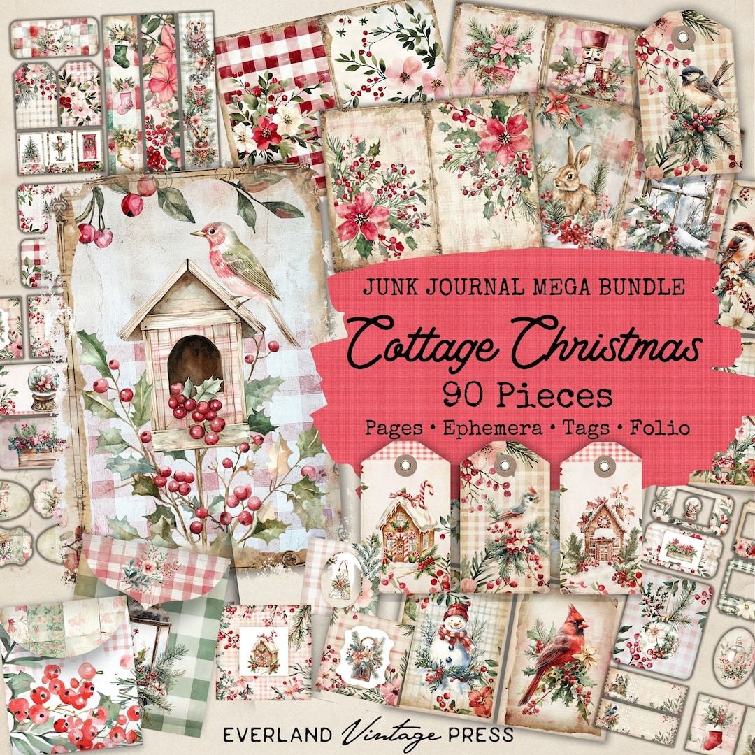 Cottage Christmas Junk Journal Bundle-90 Pieces, Rustic Christmas Junk ...