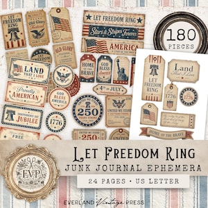 May include: A collection of vintage-style ephemera with patriotic themes. Includes tags, labels, and circular designs featuring American flags, the Statue of Liberty, and phrases like "Let Freedom Ring" and "Home of the Brave." The set contains 180 pieces.