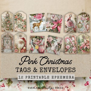 Pink Christmas Tags & Mini Envelopes, Pink Traditional Christmas Junk Journal Kit Extras, Winter Floral Junk Journal Kit Ephemera
