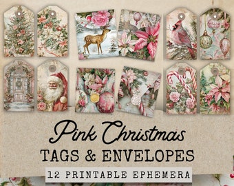 Pink Christmas Tags & Mini Envelopes, Pink Traditional Christmas Junk Journal Kit Extras, Winter Floral Junk Journal Kit Ephemera