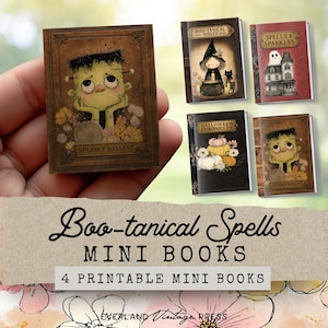 May include: A collection of four miniature Halloween-themed books. The books feature illustrations of a witch, a haunted house, pumpkins, and Frankenstein's monster. The text on the books includes "Boo-tanical Spells", "Spells & Sparkles", "Halloween Chronicles", and "Spooky Kisses".
