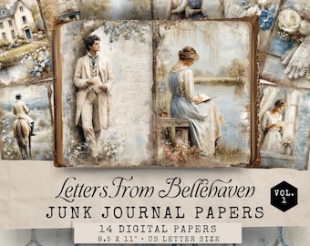 Jane Austen Junk Journal Kit, Pride and Prejudice, Bellehaven Regency Junk Journal-pagina's, Shabby Chic Papier, Bright Pastel Junk Journal