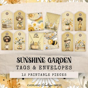 Puede incluir: Un conjunto de 12 etiquetas y sobres imprimibles con tem&aacute;tica de jard&iacute;n soleado. Las etiquetas presentan ilustraciones de flores, abejas y ni&ntilde;os. Los sobres tienen una combinaci&oacute;n de colores amarillo y blanco con una est&eacute;tica vintage. Se muestra el texto "SUNSHINE GARDEN TAGS & ENVELOPES".