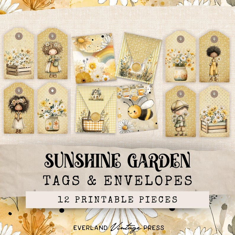 Puede incluir: Un conjunto de 12 etiquetas y sobres imprimibles con tem&aacute;tica de jard&iacute;n soleado. Las etiquetas presentan ilustraciones de flores, abejas y ni&ntilde;os. Los sobres tienen una combinaci&oacute;n de colores amarillo y blanco con una est&eacute;tica vintage. Se muestra el texto "SUNSHINE GARDEN TAGS & ENVELOPES".