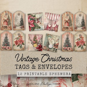 Traditionelles Weihnachts-Junk-Journal Tags & Umschläge, Winter-Blumen-Junk-Journal Tags, Vintage-Weihnachts-Junk-Journal Folio Kits Ephemera