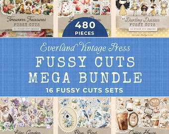 Junk Journal Ephemera Kit Bundle, 480 Pieces Fussy Cuts Mega Bundle with Floral & Whimsical Dolls, Interactive Fussy Cuts