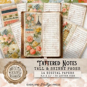 May include: An open journal with lined pages and floral illustrations, surrounded by loose pages with similar designs. The journal features a collage with the Eiffel Tower and the word "Paris." The text "Tattered Notes" and "8.5 x 11" US Letter Size" are also visible.