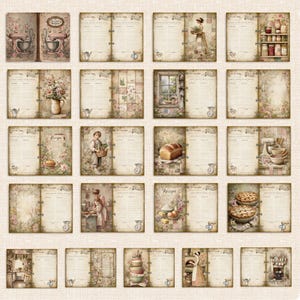 May include: A collection of vintage-style recipe journal pages with floral and kitchen-themed illustrations. Each page features a lined section for writing recipes, with decorative elements like a mixer, bread, and floral arrangements.