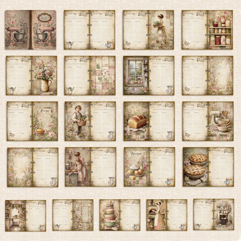 May include: A collection of vintage-style recipe journal pages with floral and kitchen-themed illustrations. Each page features a lined section for writing recipes, with decorative elements like a mixer, bread, and floral arrangements.