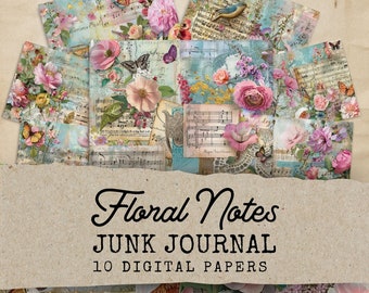 Floral Notes Junk Journal Paper, Patchwork Junk Journal Digital Paper, 10 Floral Digital Journal Pages, Paper Craft, Vintage Ephemera