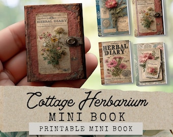May include: A miniature, vintage-style book with a red cover and the words "HERBAL DIARY." The cover features a floral illustration. Additional mini books with floral designs are visible. The image also includes the text "Cottage Herbarium MINI BOOK PRINTABLE MINI BOOK."