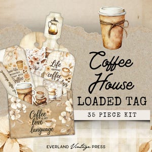 Loaded Tag Coffee, Loaded Tag Botanical, Ficktaggar för kaffe, Fjäderbelastade etiketter, Junk Journal Folio Coffee, Coffee Junk Journal Folio Kit