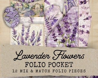 Lavender Flowers Junk Journal Kit Folio, 12 flower folio pocket printable Ephemera, Lavender Junk Journal Kit Extras, Ephemera Cards
