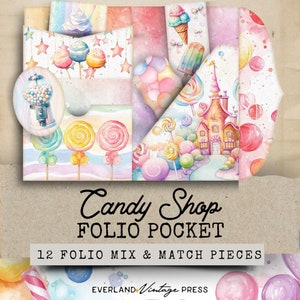 Peut inclure: Un ensemble de 12 pochettes folio en papier coloré sur le thème de la confiserie. Les papiers présentent des images de sucettes, de bonbons, de chewing-gum, de glaces et d'une maison en bonbons. Le texte "Candy Shop Folio Pocket" et "12 Folio Mix & Match Pieces" est imprimé sur les papiers. Les papiers sont conçus pour le scrapbooking, la fabrication de cartes et autres travaux manuels en papier.