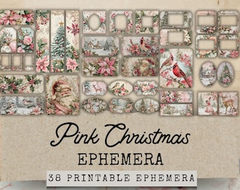 Pink Traditional Christmas Ephemera, 38 Winter Floral Junk Journal Kit Ephemera, Christmas Ephemera, Paper Craft, Christmas Collage Sheet