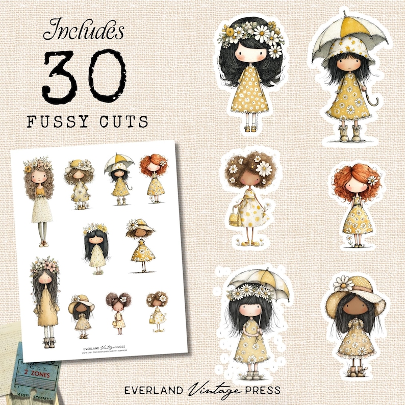 May include: A sheet of 30 fussy cut stickers featuring illustrations of girls in yellow dresses with floral accents. The stickers include girls with various hairstyles, some holding umbrellas or bags. The text "Includes 30 Fussy Cuts" is at the top.