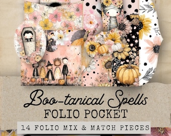 May include: A collection of decorative paper pieces with a Halloween theme. The design includes illustrations of pumpkins, sunflowers, and whimsical characters. The text "Boo-tanical Spells FOLIO POCKET" is visible. The set includes 14 mix and match pieces.