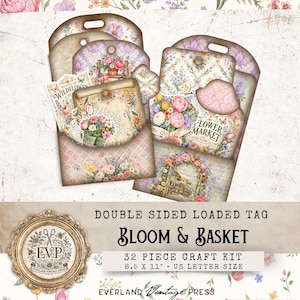 May include: A 32-piece craft kit titled Double Sided Loaded Tag Bloom & Basket, US letter size 8.5 x 11 inches. The kit features decorative tags with floral patterns, butterflies, and text including Wildflower and Flower Market.
