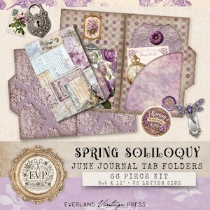 May include: A collection of vintage-style junk journal tab folders in shades of purple, featuring floral and antique elements. The set includes a variety of papers, embellishments, and a decorative dragonfly. The text reads "Spring Soliloquy" and "66 Piece Kit, 8.5 x 11 US Letter Size."