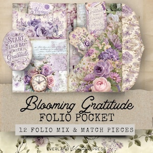 Junk Journal Folio Gratitude, geladen pocketlabel, veerbelaste tags, lentefolio Junk Journal, Junk Journal Ephemera, geladen tag botanisch