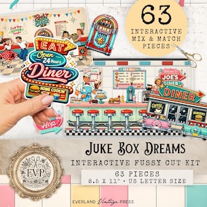 Jukebox Dreams Fussy Cuts Printable Kit, Retro Diner Junk Journal Ephemera, Sock Hop 1950s Clipart, Interactive Junk Journal Printable