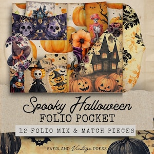 Spooky Halloween Junk Journal Folio, Fall Junk Journal Folio Kits Extras, 12 Printable Halloween Craft Ephemera, Paper Craft,Digital Collage