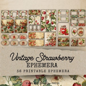 Strawberry Junk Journal Ephemera, 38 Printable Junk Journal Ephemera, Strawberry Junk Journal Kit Extras