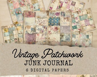 Vintage Patchwork Junk Journal Papers, Shabby Chic Patchwork Journal Kit, 6 Floral Digital Journal Pages, Paper Craft, Vintage Ephemera