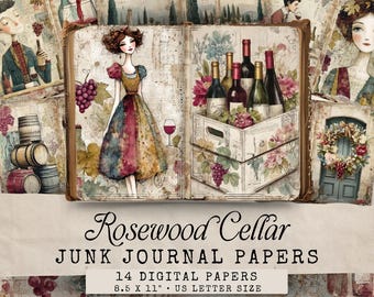 May include: Digital junk journal papers with a vintage wine theme. The image features illustrations of wine bottles, grapes, and a woman in a colorful dress. The text reads "Rosewood Cellar" and "14 Digital Papers 8.5 x 11 US Letter Size".
