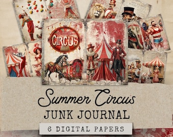 Zirkus Junk Journal Seiten, Sommerzirkus Junk Journal Kit, 6 Digital Journal Seiten, Papiermodelle, Zirkus Ephemera, Digitale Collage