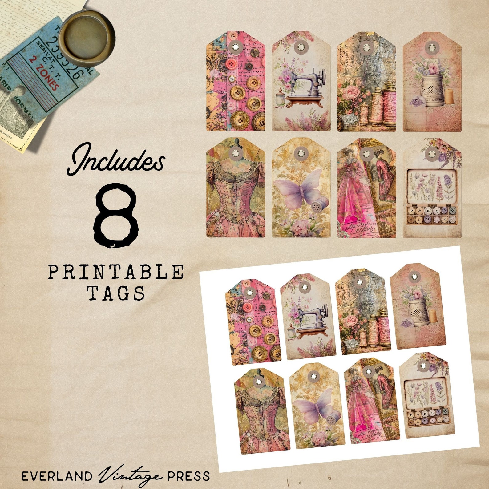Sewing Theme Printable Junk Journal Tags & Mini Envelopes, Sewing Junk ...