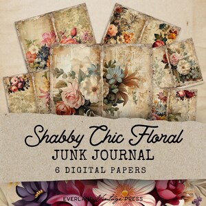 Shabby Chic Floral Journal Papers, Vintage English Rose Junk Journal Kit, 6 Floral Digital Journal Pages, Paper Craft, Vintage Ephemera