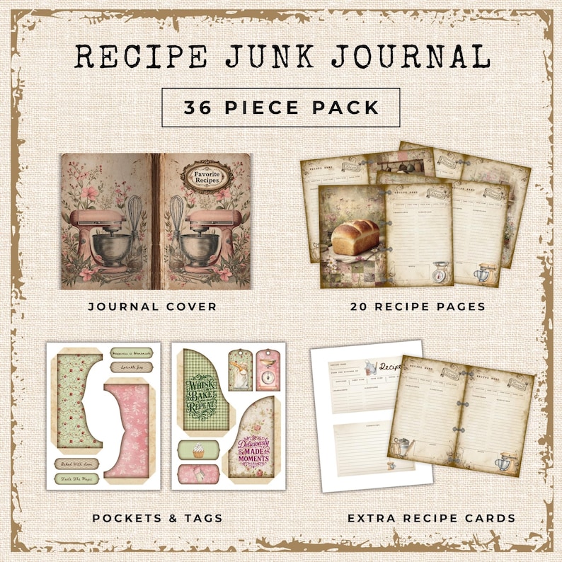 May include: A recipe junk journal set with a floral design. The set includes a journal cover, 20 recipe pages, pockets & tags, and extra recipe cards. The journal cover features a pink stand mixer illustration. The text on the image says "Recipe Junk Journal" and "36 Piece Pack".