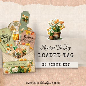 May include: A floral-themed loaded tag kit. The kit contains tags, stickers, and embellishments with the phrases "Bloom Where Planted" and "Rooted in Strength." The kit also includes a paper envelope with the text "Every bloom tells a story."