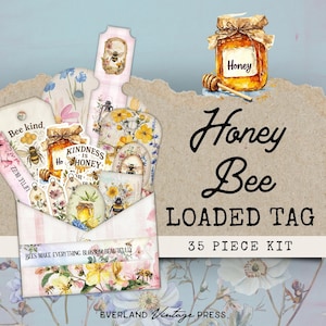 Honey Bee Spring Loaded Tags, Loaded Bee Junk Journal Pockets Tag Kit,Junk Journal Ephemera,Loaded Tag Botanical,Honey Bee Loaded Pocket Tag