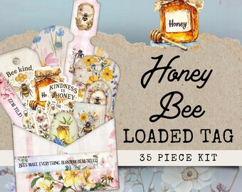 Honey Bee Spring Loaded Tags, Loaded Bee Junk Journal Pockets Tag Kit,Junk Journal Ephemera,Loaded Tag Botanical,Honey Bee Loaded Pocket Tag