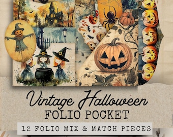 May include: Vintage Halloween Folio Pocket with 12 mix and match pieces. The folio features a variety of Halloween-themed images, including pumpkins, witches, and a scarecrow. The images are printed on a textured paper with a vintage look.