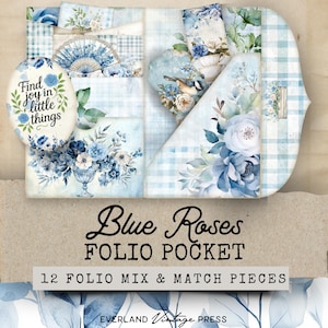 Blue Rose Folio, 35 Spring Garden Folio Pocket, Folio Kit Roses, Spring Folio Printable, Shabby Blue, Roses, Shabby Chic, Floral Junk Journal