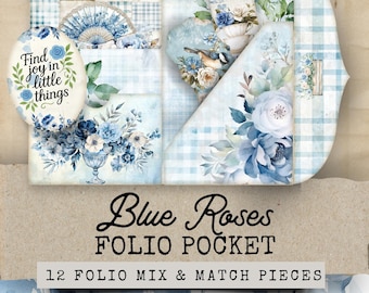Portafoglio con rose blu, portafoglio tascabile da 35 tasche Spring Garden, kit portafoglio con rose, portafoglio stampabile primaverile, blu shabby, rose, shabby chic, diario floreale