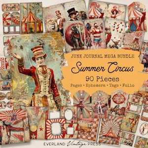 Lot de kits de journaux indésirables de cirque - 90 pièces, éphémères vintage de cirque, accessoires du kit de journaux indésirables de cirque d'été, cartes éphémères, collage numérique