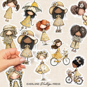 May include: A selection of stickers depicting illustrated girls in yellow daisy-patterned dresses. Some wear hats, hold flowers, or ride bicycles. The stickers have a vintage style, with the text "EVERLAND Vintage PRESS" at the bottom.