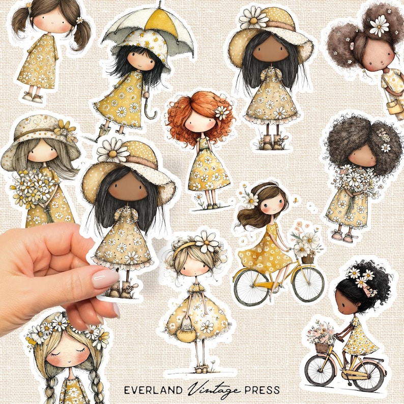 May include: A selection of stickers depicting illustrated girls in yellow daisy-patterned dresses. Some wear hats, hold flowers, or ride bicycles. The stickers have a vintage style, with the text "EVERLAND Vintage PRESS" at the bottom.