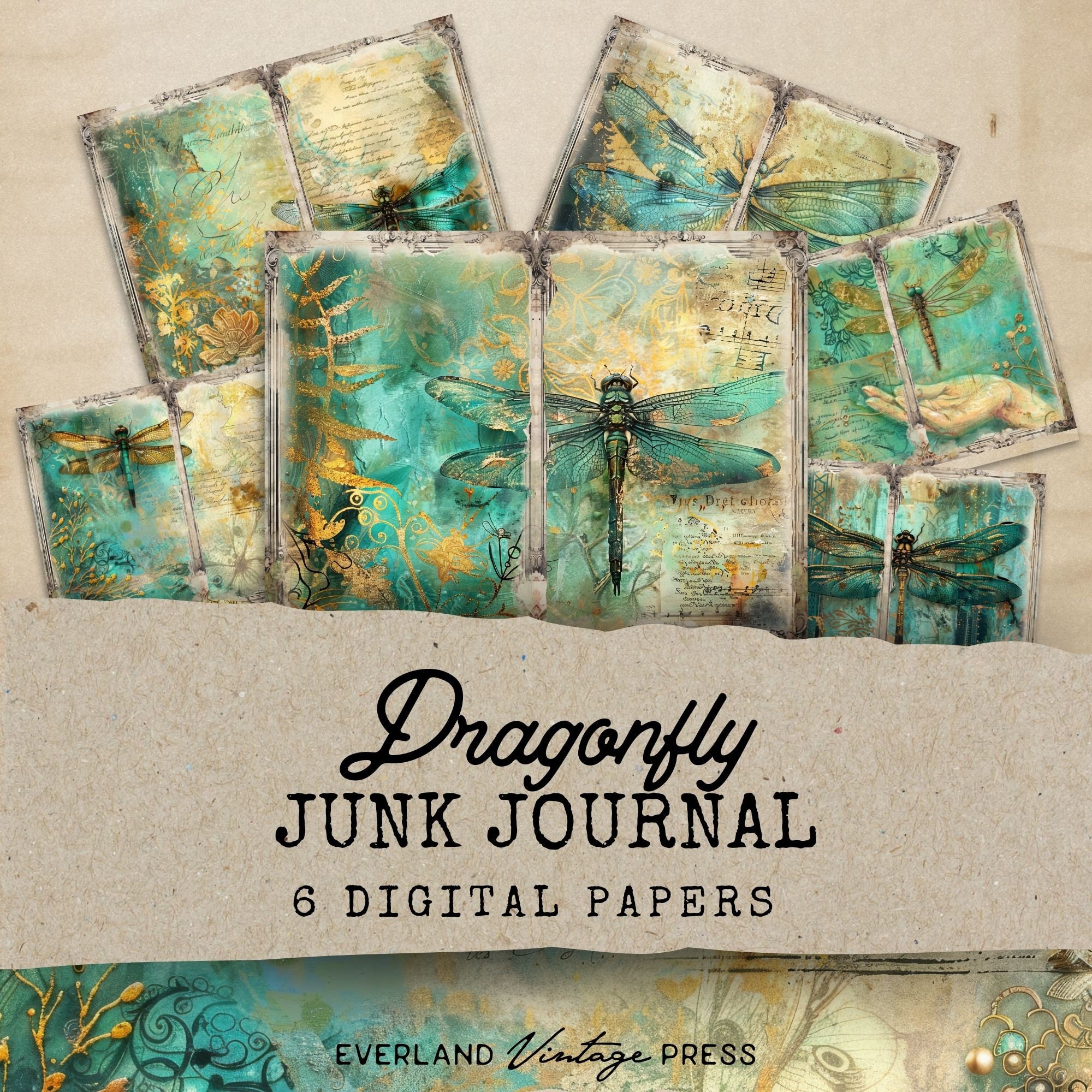 Dragonfly Junk Journal Papers, Teal and Gold Junk Journal Kit, 6 ...