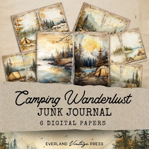 Camper Junk Journal, Kit de diario basura de camping vintage, 6 páginas de diario digital al aire libre, artesanía de papel efímera imprimible, efímera de camping