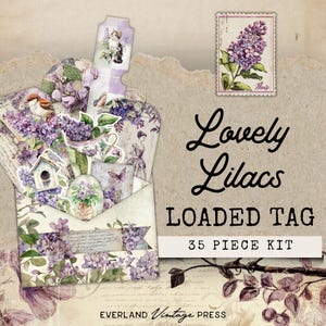 Etichette a molla "Lovely Lilacs", kit di etichette tascabili cariche, etichette tascabili vintage shabby chic, effimeri per diario spazzatura, etichette cariche botaniche