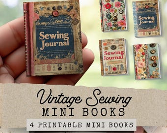 Minilibro de costura vintage para casa de muñecas, minilibro de bordado vintage, minilibro de diario basura con temática de costura, libros para casa de muñecas