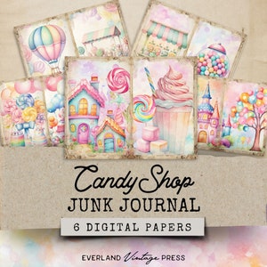 Candy Shop Junk Journal, Rainbow Junk Journal Papers, Pastel Pink and Blue Junk Journal, 6 Digital Candy Shop Ephemera, Pastel Digital Paper