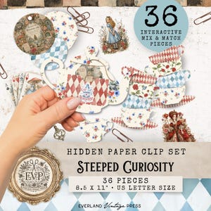 Alice in Wonderland Hidden Paperclip Kit, Tea Party Junk Journal Printable,Interactive Ephemera | Teapot Paper Clips, Hidden Note Pocket Set
